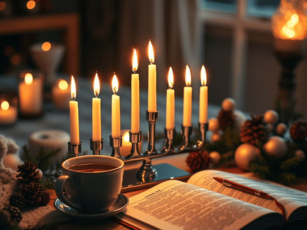 hanukkah menorah with candles lit with an open Bible and a cup of tea