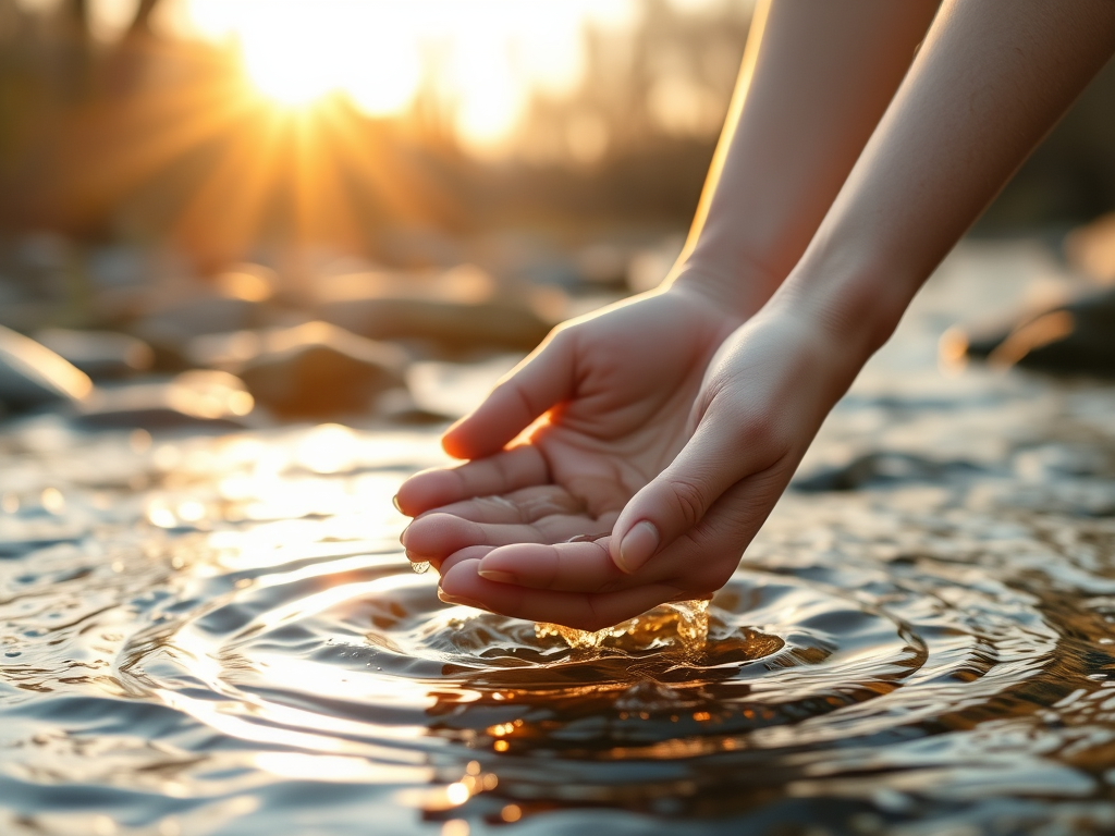 hands scooping up water from a clean stream with sun shining in from background