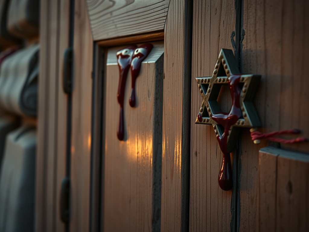 blood on a wooden door with the star of David on it, symbolizing Passover